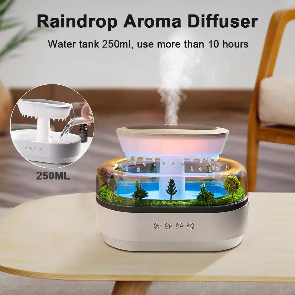 Raindrop Aroma Humidifier – LED Light, White Noise & Essential Oil Diffuser